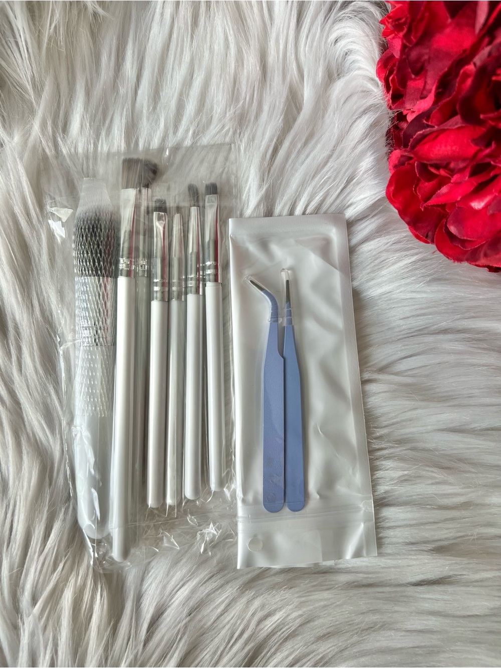 New White Makeup Brushes and Blue Tweezers Set